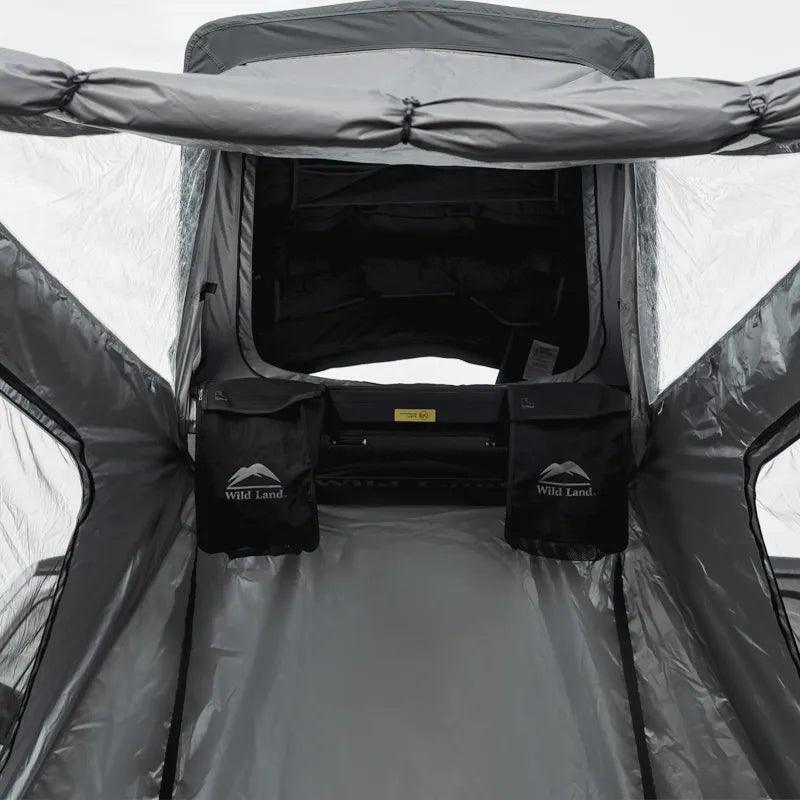 Entrance detail of OrthFrame awning annex with heavy-duty zippers and mesh